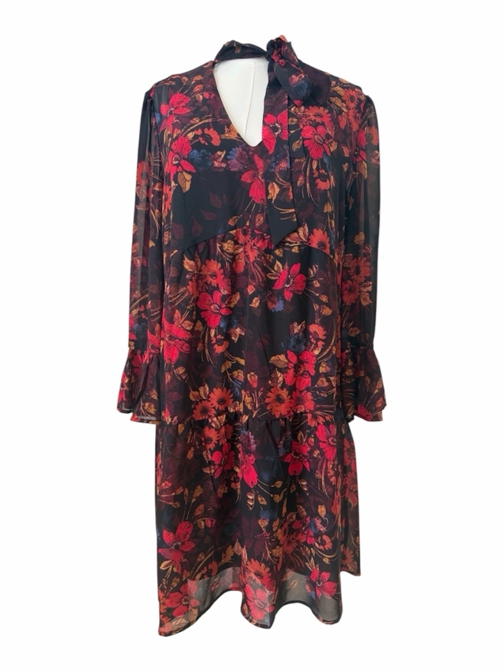 ECI Black Floral Long-Sleeve Tie-Neck Ruffle Tiered Dress with Red Blooms Size 8
